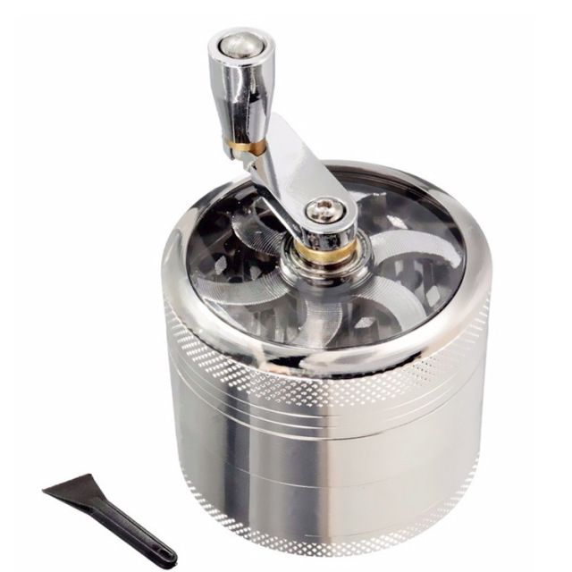 Hand Crank Zinc Alloy Herb Grinder – 55mm 4 Layer Manual Tobacco & Spice Crusher with Crank Handle