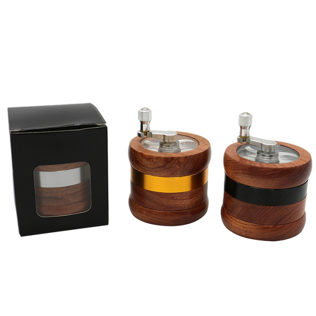 Wooden Hand Crank Herb Grinder 67mm 4-Layer Manual Spice Crusher with Clear Top Aluminum Teeth Smoking Accessories