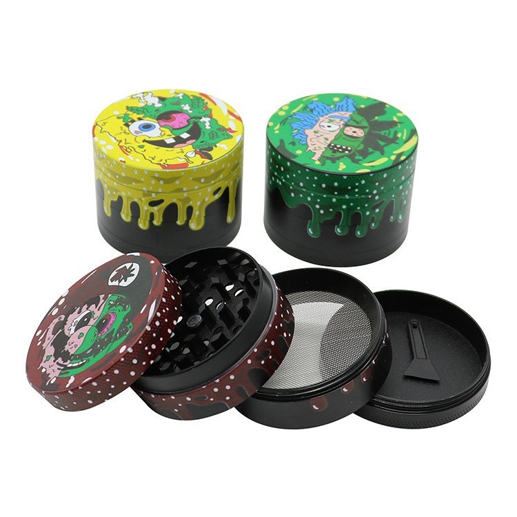 Cartoon Printed Zinc Alloy Herb Grinder – 4 Layers Drip Design with Pollen Catcher