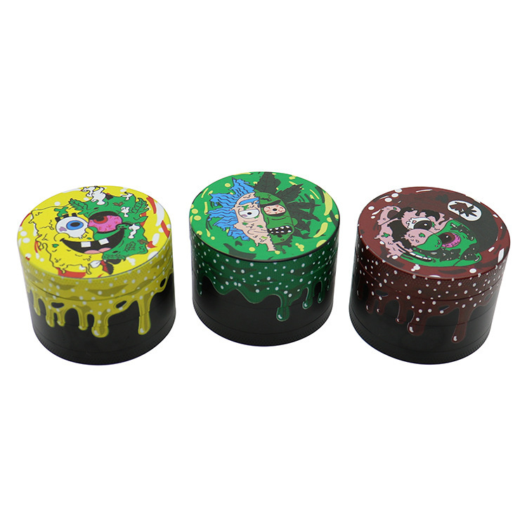 Cartoon Printed Zinc Alloy Herb Grinder – 4 Layers Drip Design with Pollen Catcher