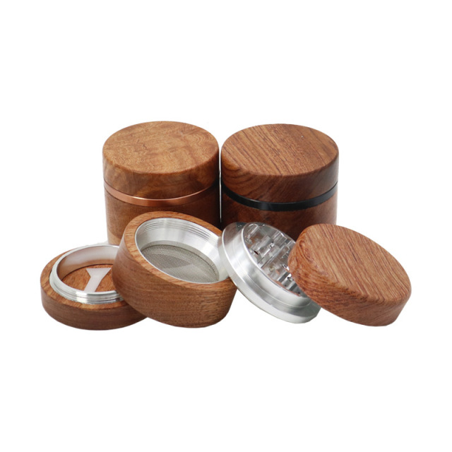 60mm Wooden Aluminum Alloy Herb Grinder – 4 Layers Manual Tobacco Crusher with Pollen Catcher, Classic Wood Finish Smoking Grinder
