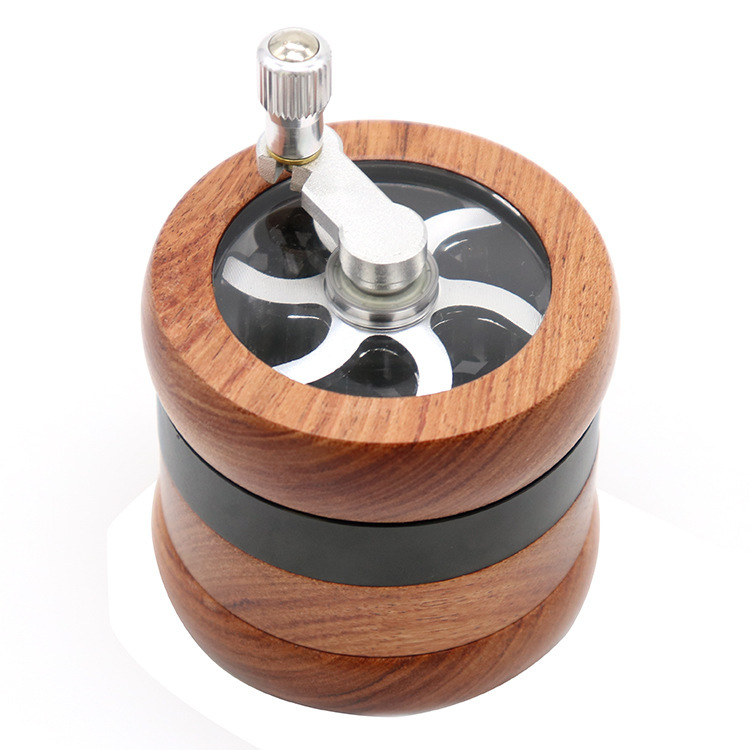 Wooden Hand Crank Herb Grinder 67mm 4-Layer Manual Spice Crusher with Clear Top Aluminum Teeth Smoking Accessories