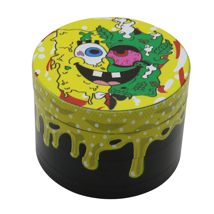 Cartoon Printed Zinc Alloy Herb Grinder – 4 Layers Drip Design with Pollen Catcher
