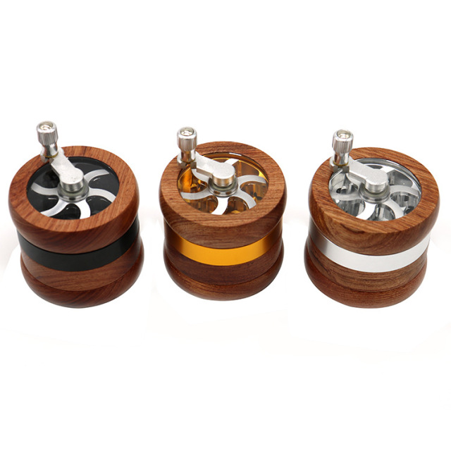Wooden Hand Crank Herb Grinder 67mm 4-Layer Manual Spice Crusher with Clear Top Aluminum Teeth Smoking Accessories