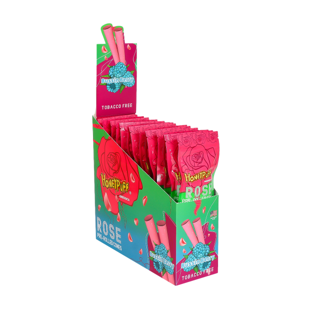 Honeypuff 110mm Rose Petal Pre-Rolled Cones – Banana Flavor, 2 Cones/Bag, Display Box