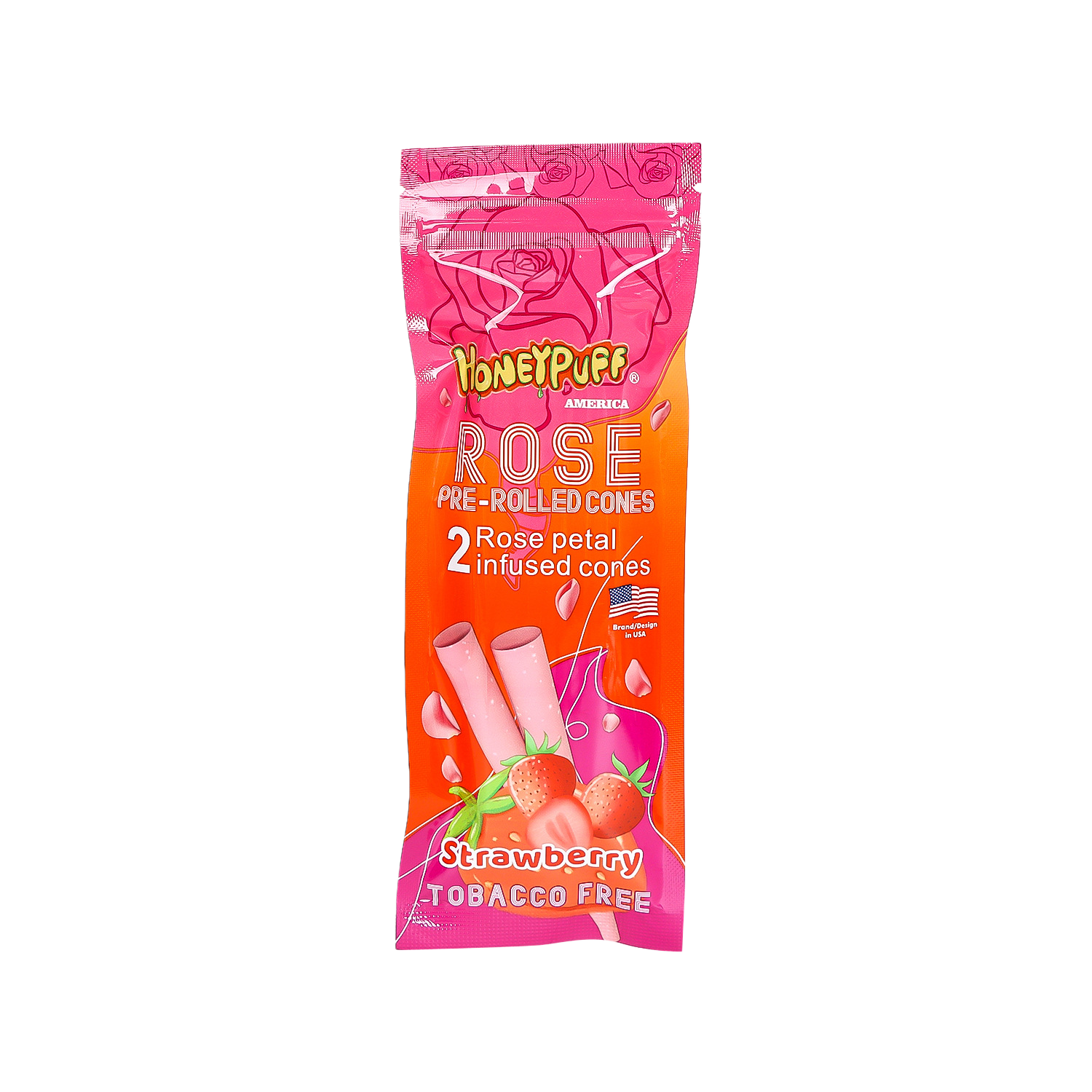 Honeypuff 110mm Rose Petal Pre-Rolled Cones – Banana Flavor, 2 Cones/Bag, Display Box