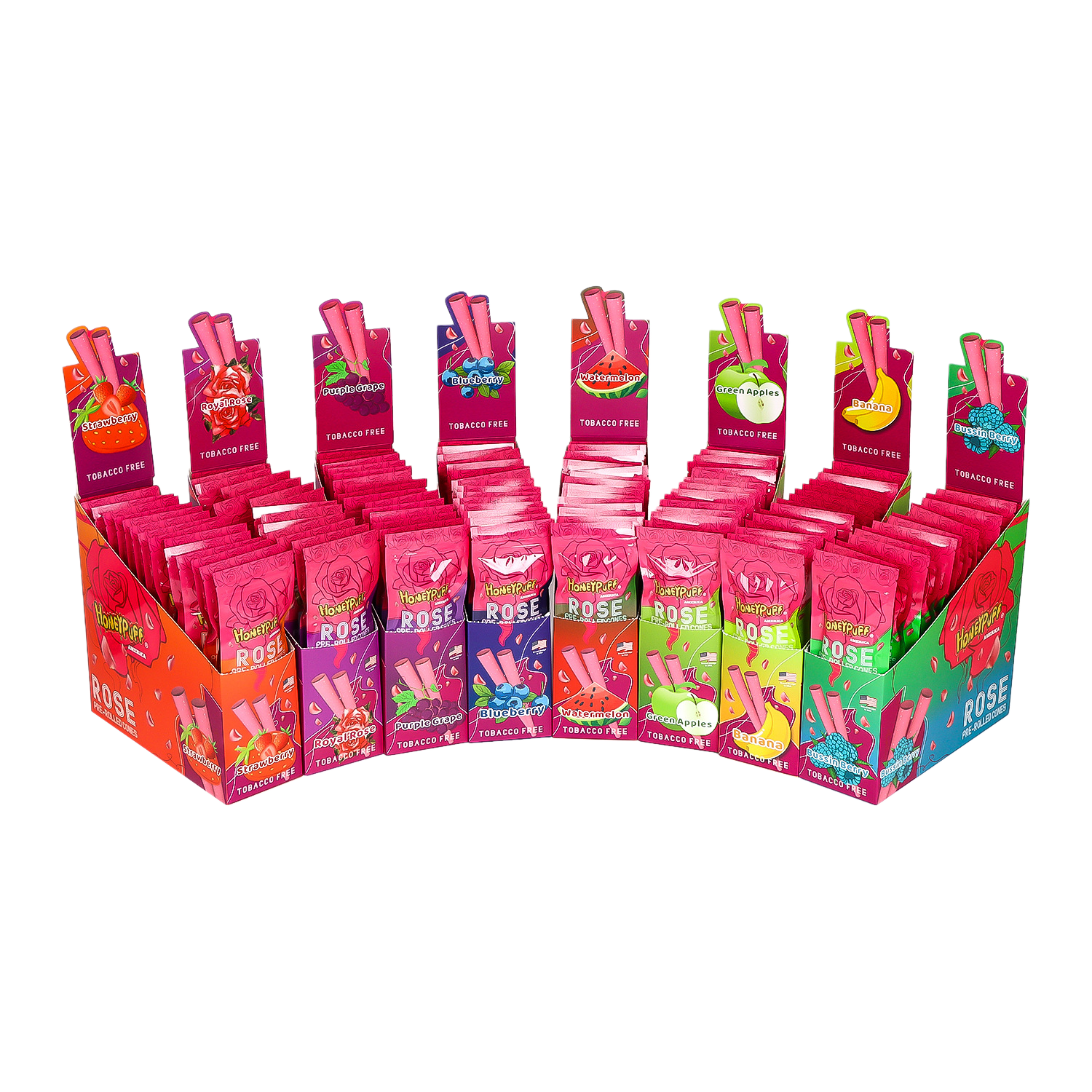 Honeypuff 110mm Rose Petal Pre-Rolled Cones – Banana Flavor, 2 Cones/Bag, Display Box
