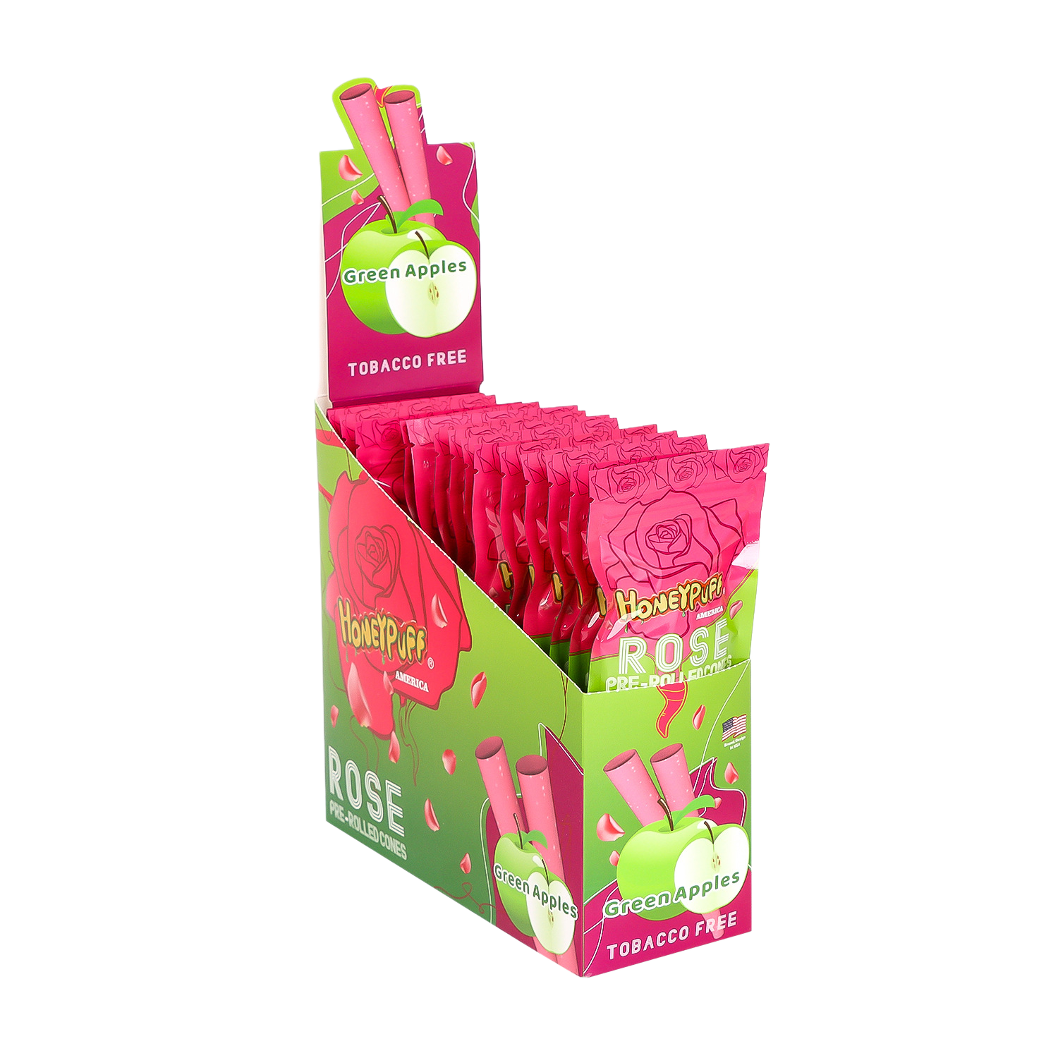 Honeypuff 110mm Rose Petal Pre-Rolled Cones – Banana Flavor, 2 Cones/Bag, Display Box