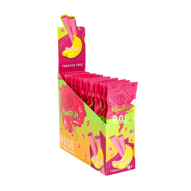 Honeypuff 110mm Rose Petal Pre-Rolled Cones – Banana Flavor, 2 Cones/Bag, Display Box