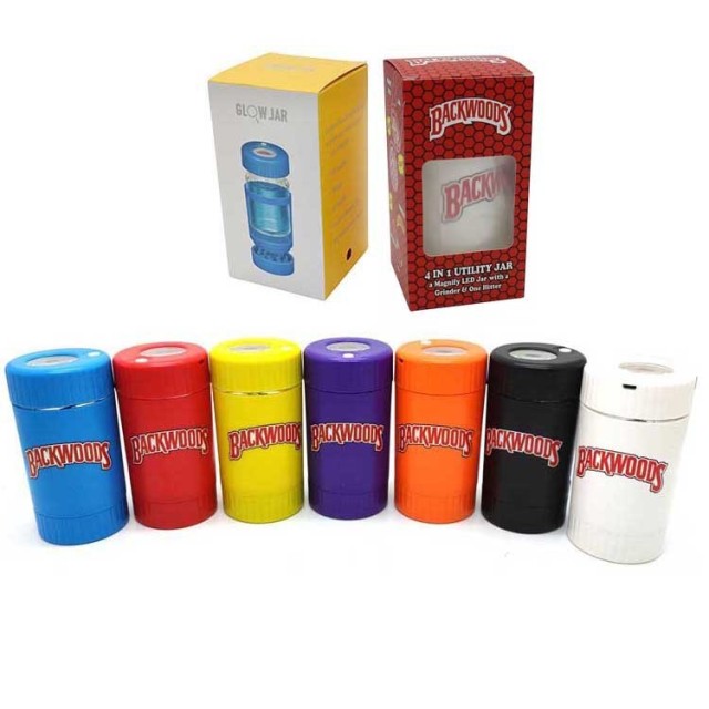 Backwoods Plastic LED Jar with Herb Grinder | 4-in-1 Smell Proof Storage Container