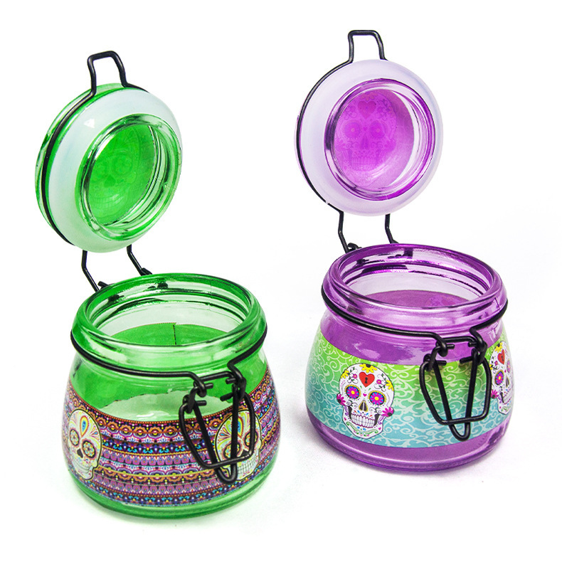 Colorful Glass Storage Jar with Skull Print – Airtight Herb Container