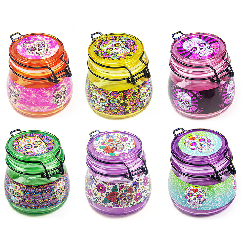 Colorful Glass Storage Jar with Skull Print – Airtight Herb Container
