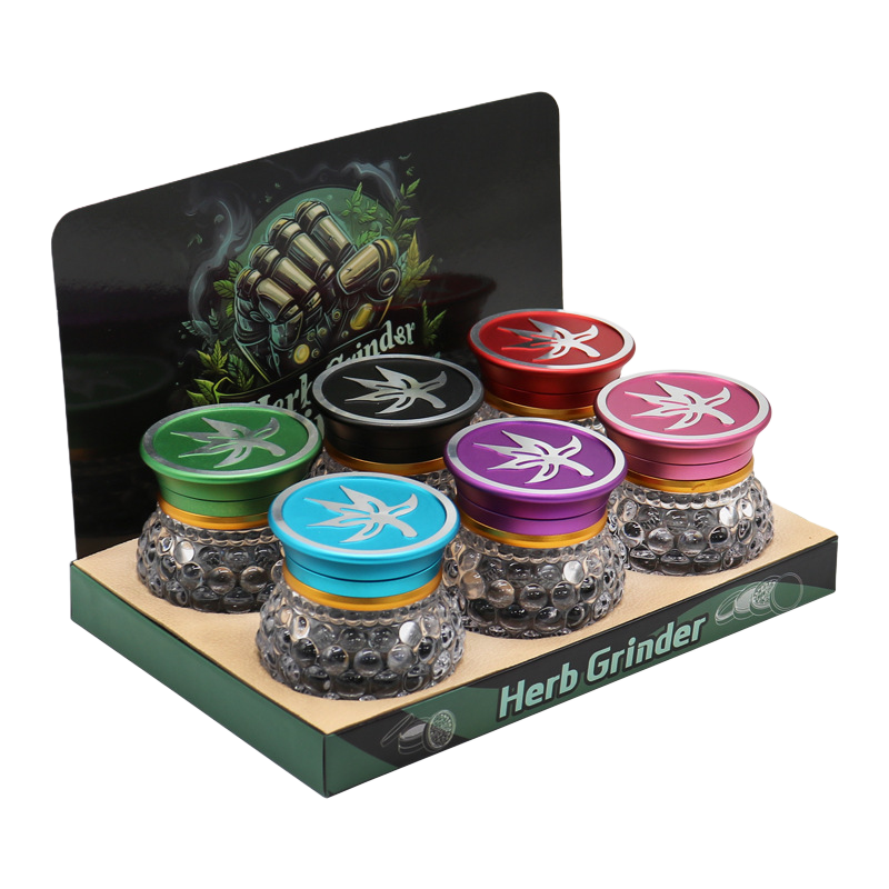 60mm Glass Body Herb Grinder with Aluminum Lid – Transparent Crystal Storage Jar Grinder for Tobacco & Herbs