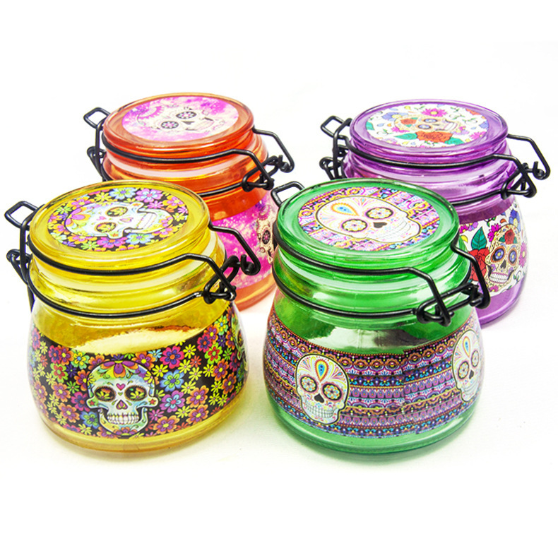 Colorful Glass Storage Jar with Skull Print – Airtight Herb Container