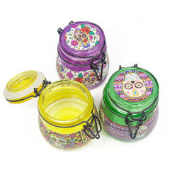 Colorful Glass Storage Jar with Skull Print – Airtight Herb Container