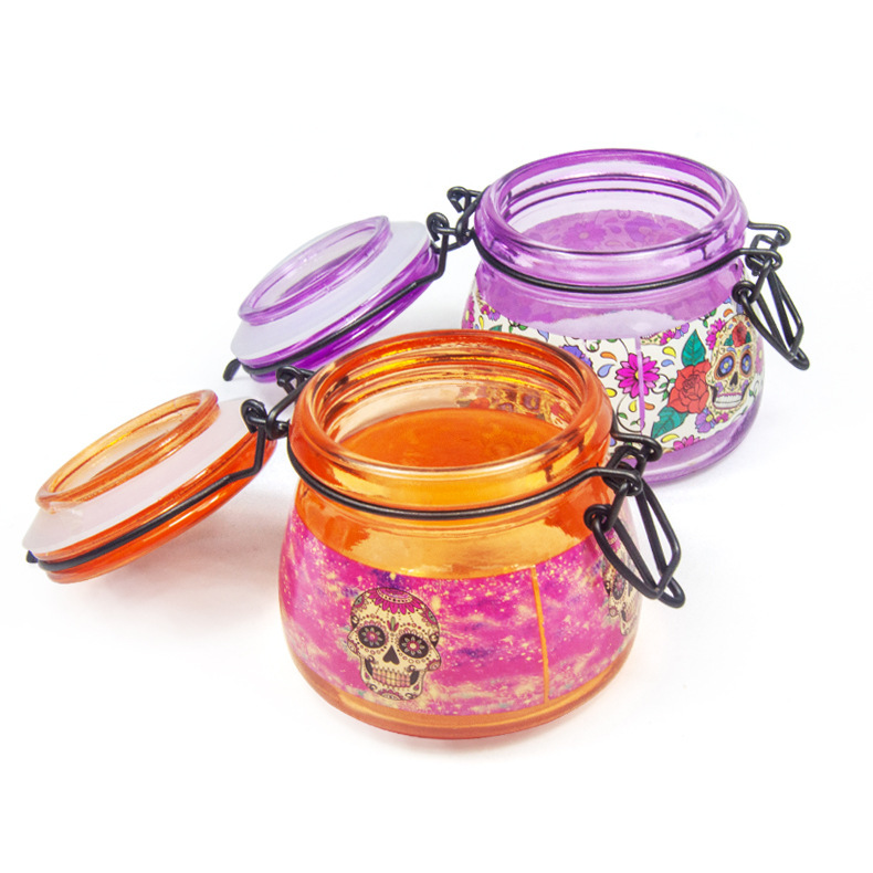 Colorful Glass Storage Jar with Skull Print – Airtight Herb Container