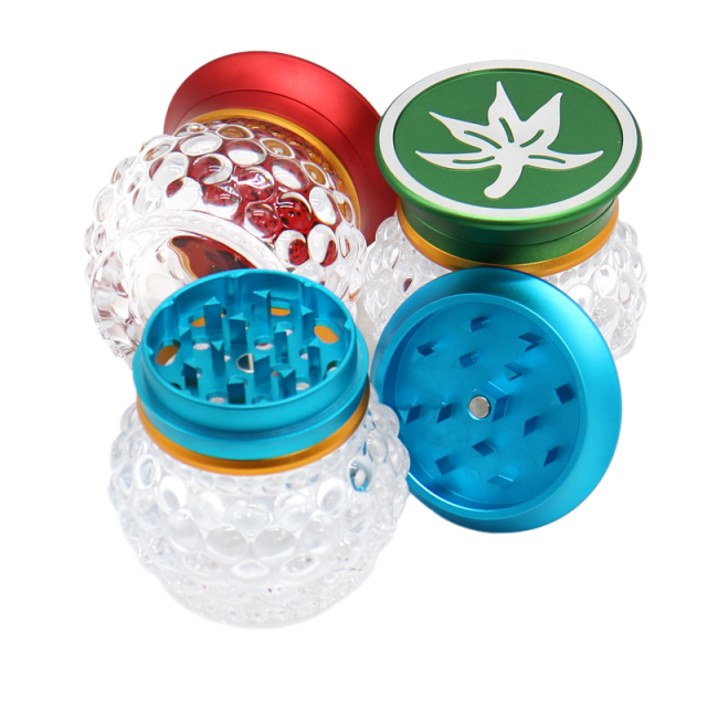 60mm Glass Body Herb Grinder with Aluminum Lid – Transparent Crystal Storage Jar Grinder for Tobacco & Herbs