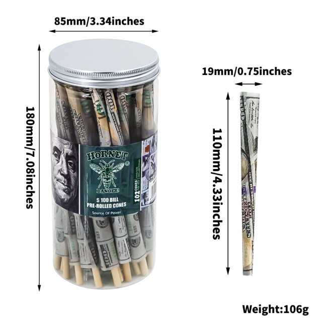 Pre-Rolled Cones 110mm – $100 Bill Design, 102PCS Jar