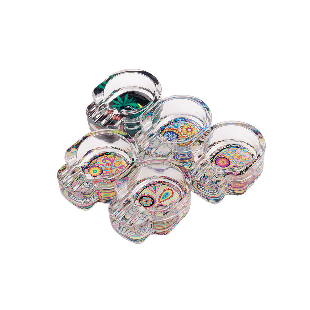 Crystal Skull Glass Ashtray – Colorful Printed Design, Durable Smoking Accessory