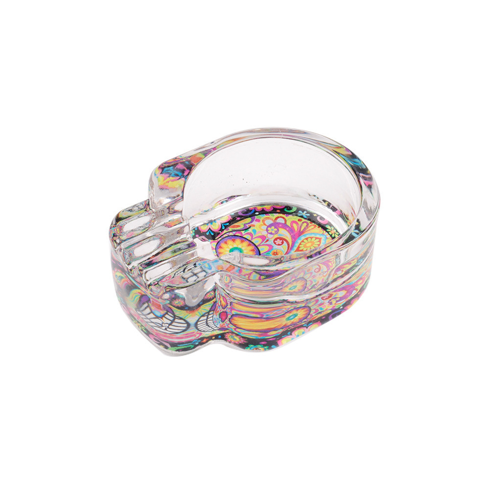 Crystal Skull Glass Ashtray – Colorful Printed Design, Durable Smoking Accessory