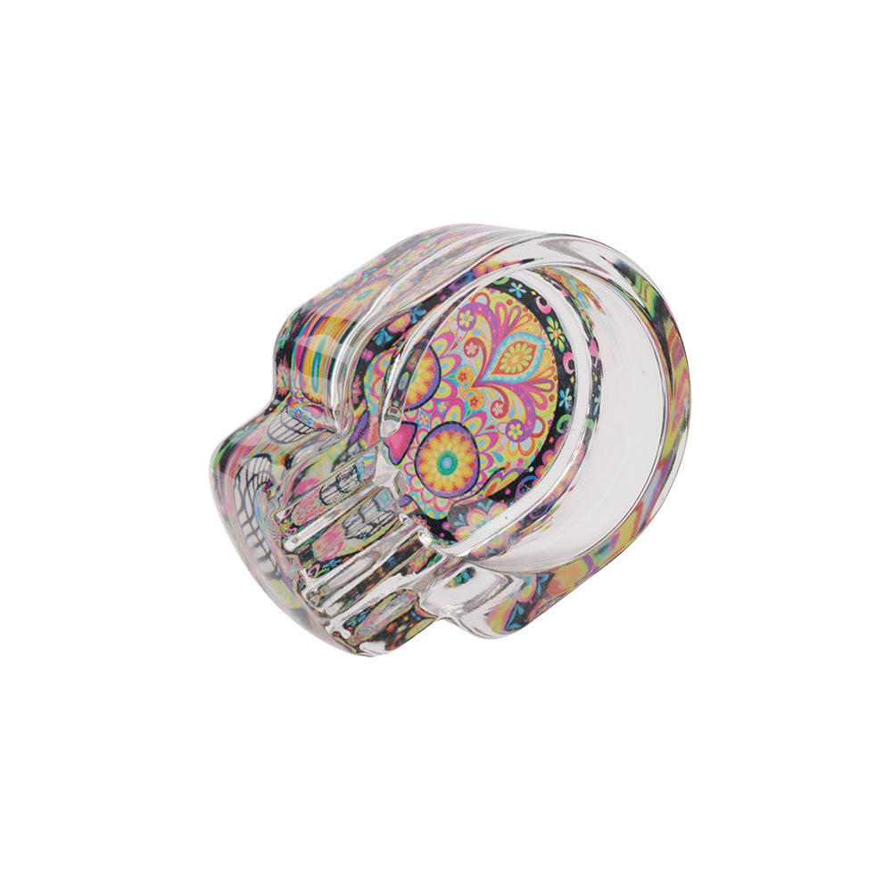 Crystal Skull Glass Ashtray – Colorful Printed Design, Durable Smoking Accessory