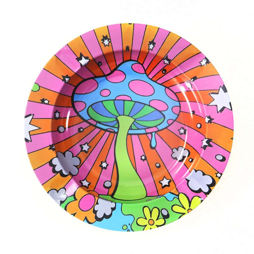 Mini Round Rolling Tray – 14cm Metal Herb Tray with Creative Prints