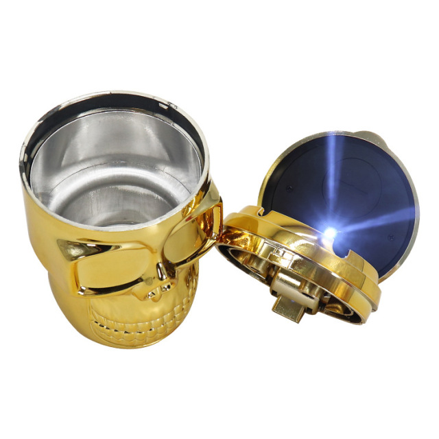 Skull Car Ashtray with LED Light – Metal Skull Design, Portable Car Ashtray