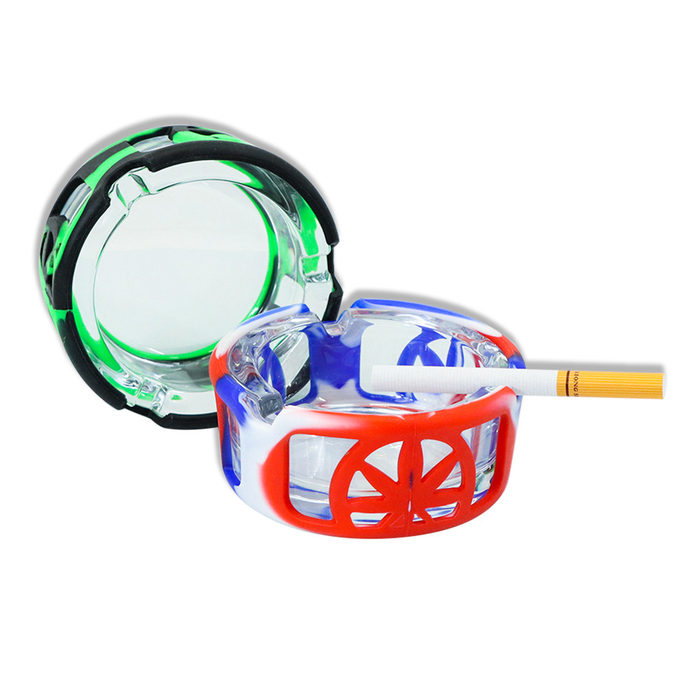 Glass Ashtray with Silicone Sleeve – Shockproof Design, 90×65×38mm