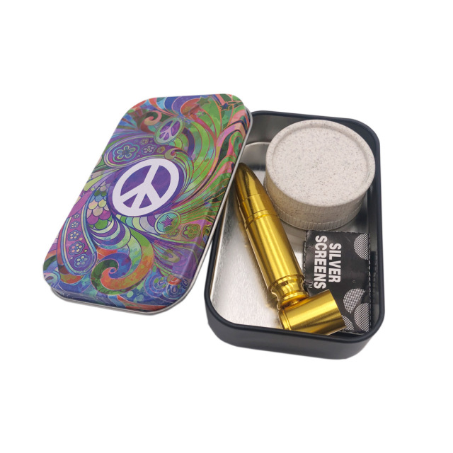 Mini Metal Pipe Smoking Kit with Grinder, Screens & Portable Tin Box