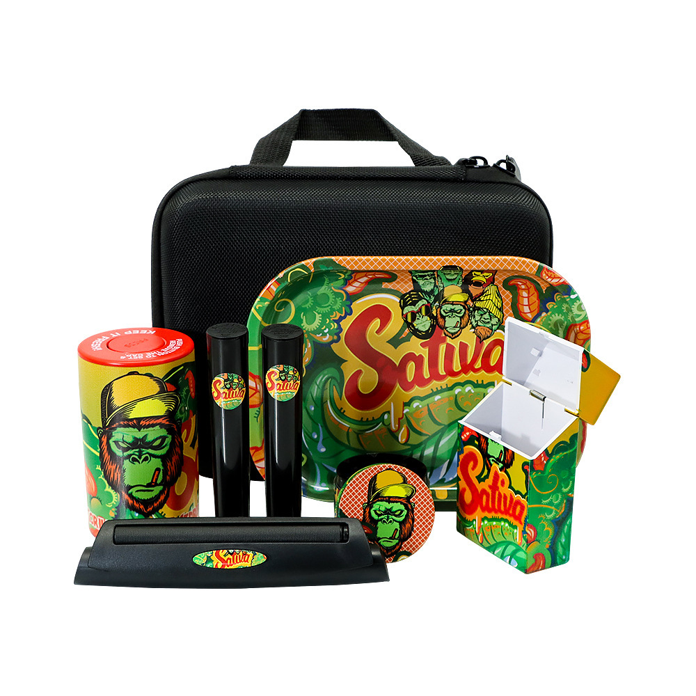 Sativa Rolling Tray Pipe Set – Complete Smoking Kit with Grinder, Storage Jars & Carry Case