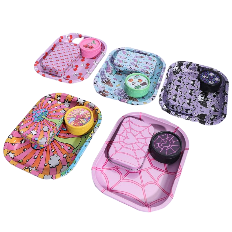 Rolling Tray Kit with Grinder & Storage – 18×14 cm Metal Tray Smoking Accessories Set