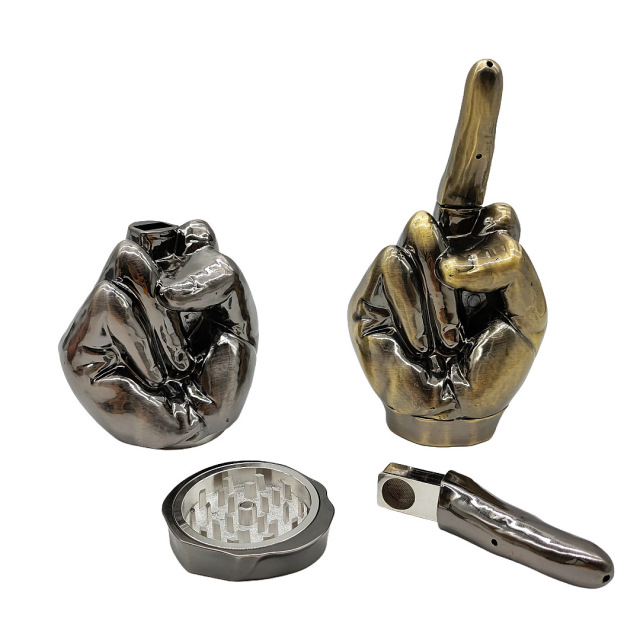 Middle Finger Hand Gesture Herb Grinder 3-Piece Zinc Alloy Grinder with Detachable Handle – Creative Smoking Accessory