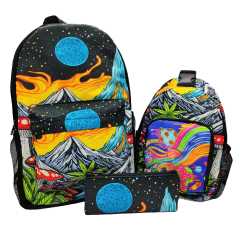 Psychedelic Printed Backpack 3-Piece Set | Waterproof Large Capacity Travel Bag with Shoulder Bag & Pouch