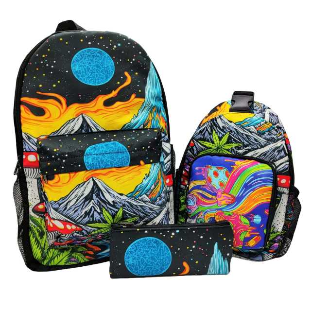 Psychedelic Printed Backpack 3-Piece Set | Waterproof Large Capacity Travel Bag with Shoulder Bag & Pouch