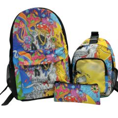 Psychedelic Printed Backpack 3-Piece Set | Waterproof Large Capacity Travel Bag with Shoulder Bag & Pouch