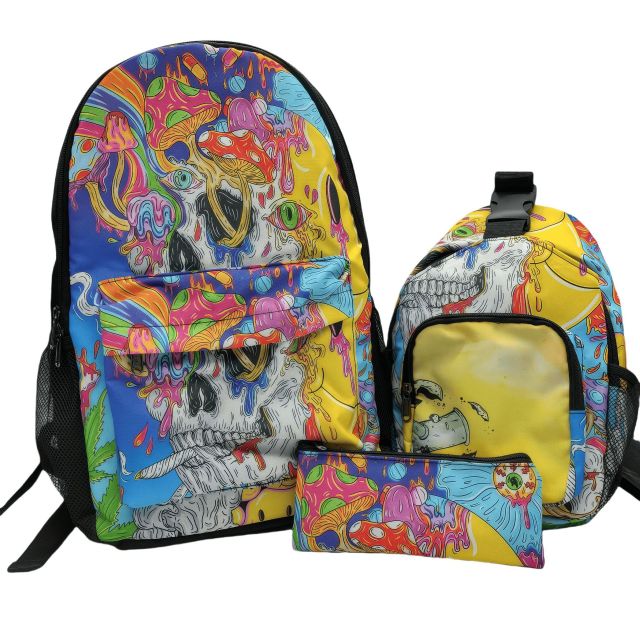Psychedelic Printed Backpack 3-Piece Set | Waterproof Large Capacity Travel Bag with Shoulder Bag & Pouch