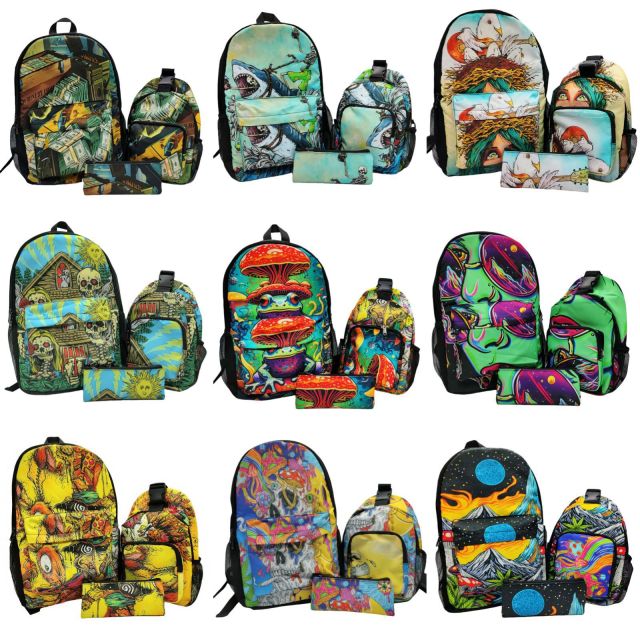 Psychedelic Printed Backpack 3-Piece Set | Waterproof Large Capacity Travel Bag with Shoulder Bag & Pouch