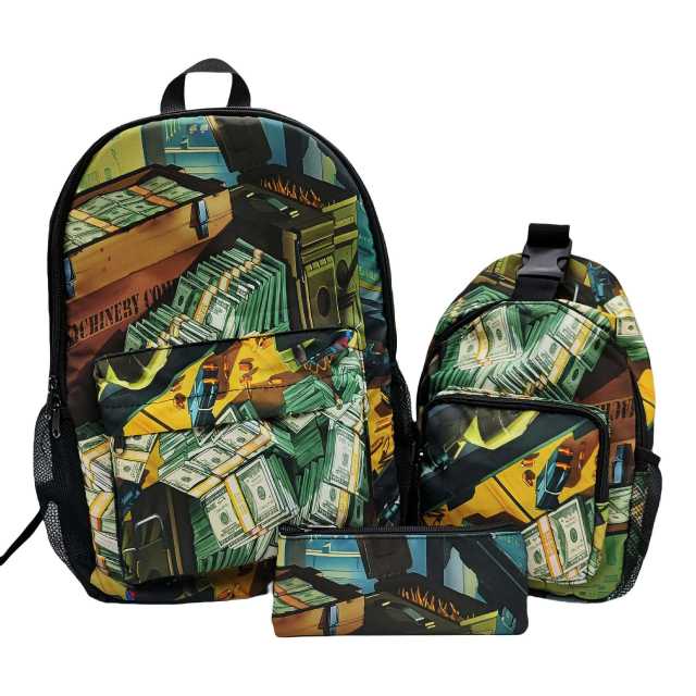 Psychedelic Printed Backpack 3-Piece Set | Waterproof Large Capacity Travel Bag with Shoulder Bag & Pouch
