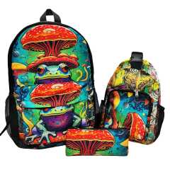 Psychedelic Printed Backpack 3-Piece Set | Waterproof Large Capacity Travel Bag with Shoulder Bag & Pouch