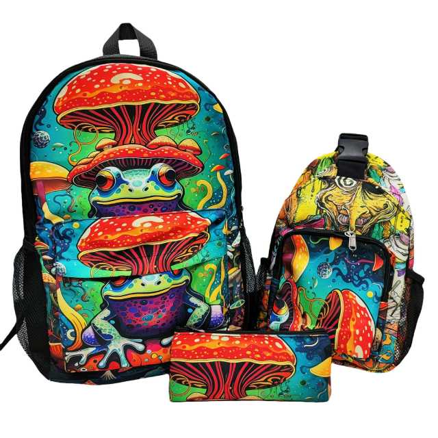 Psychedelic Printed Backpack 3-Piece Set | Waterproof Large Capacity Travel Bag with Shoulder Bag & Pouch