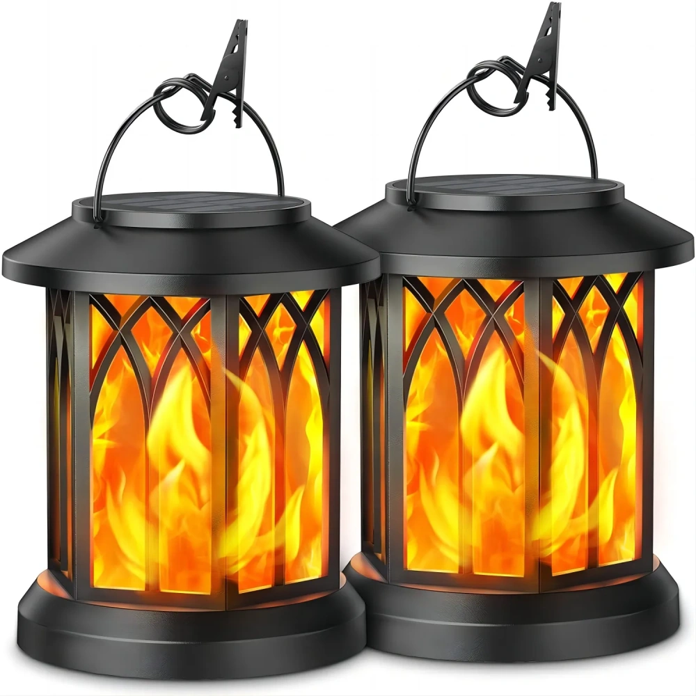 2 Pack Upgraded Flickering Flame Solar Lanterns Lights Outdoor, Solar Hanging Lights Outdoor for Garden, Bronze/Black