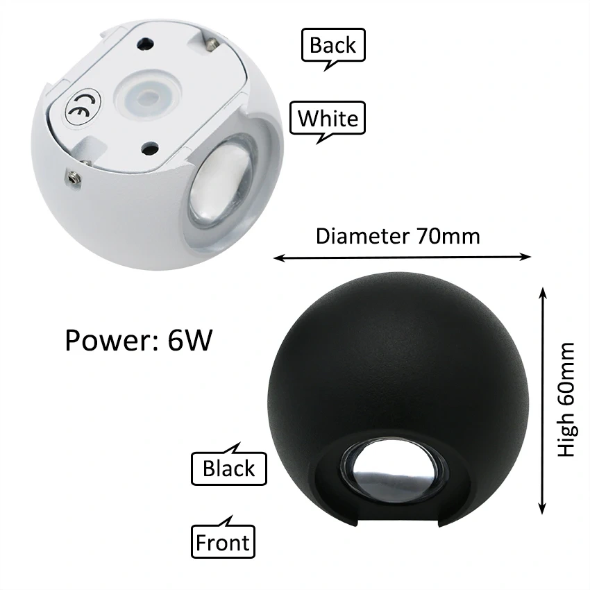 6W Outdoor Waterproof Wall Lamp Round Ball Up and Down Light Fixture Home Lighting Courtyard Light Garage Porch Light Decoration