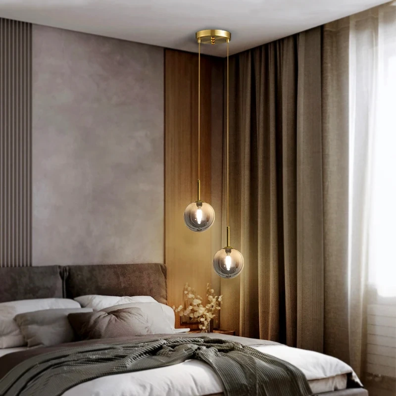 Modern LED Bedside Pendant Light White/Smoke Gray Glass Ball Ceiling Hanging Lamps Nordic Home Decoration Ceiling Pendant Lamp