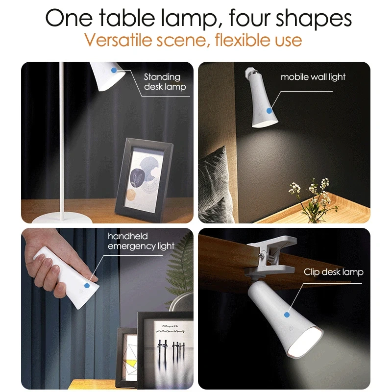 Multifunctional LED Desk Lamp with Clip/Magnetic/Handheld/Stand USB Type-C Rechargeable Touch Control Dimming for Reading Office