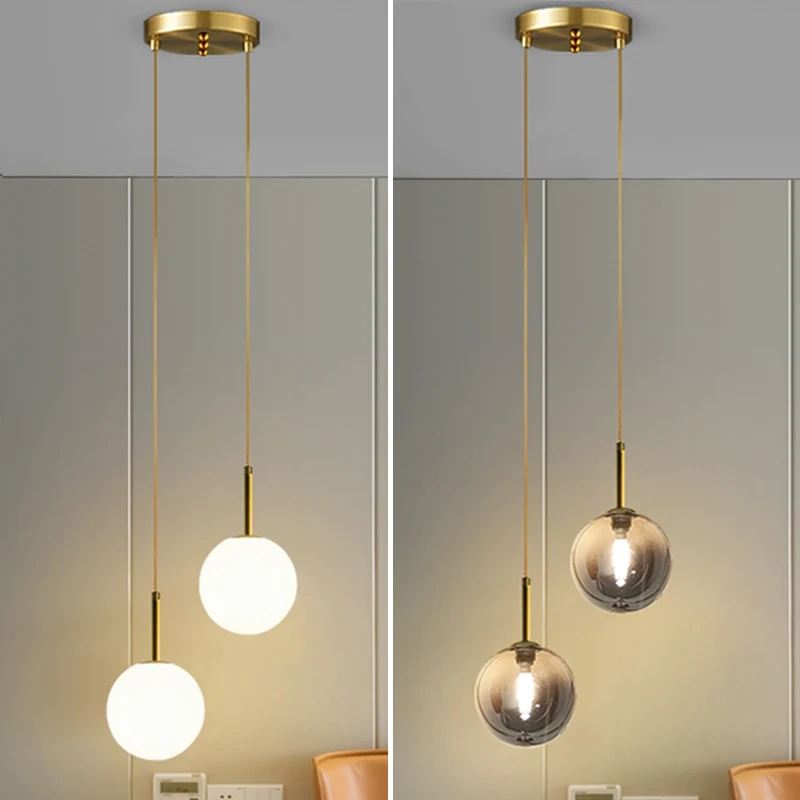Modern LED Bedside Pendant Light White/Smoke Gray Glass Ball Ceiling Hanging Lamps Nordic Home Decoration Ceiling Pendant Lamp