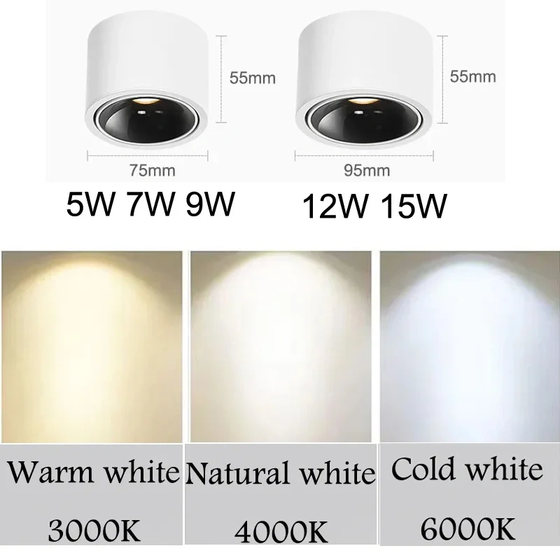 Dimmable LED DownlightSurface mounted Ceiling Lamp 5W 7W 9W 12W 15W Indoor Led Spot Light Adjustable For Living Room AC110 220V