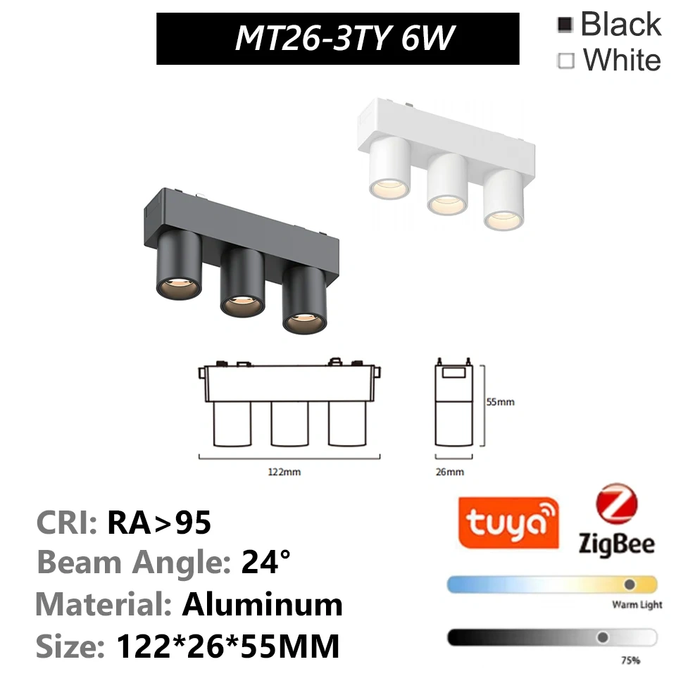 T26 Tuya Zigbee Magnetic Track Light Surface-Mount Aluminium LED DC48V Alexa Home-AssistantFlood Spot Black White