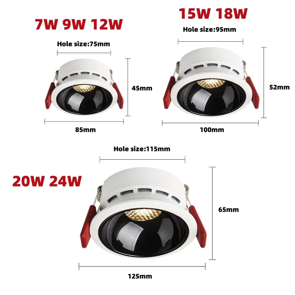 Anti-glare Recessed Ceiling Downlight lamp 7W 9W 12W 15W 18W 25W honeycomb cob led spot lights Ceiling Fixtures Lighting 85-265V