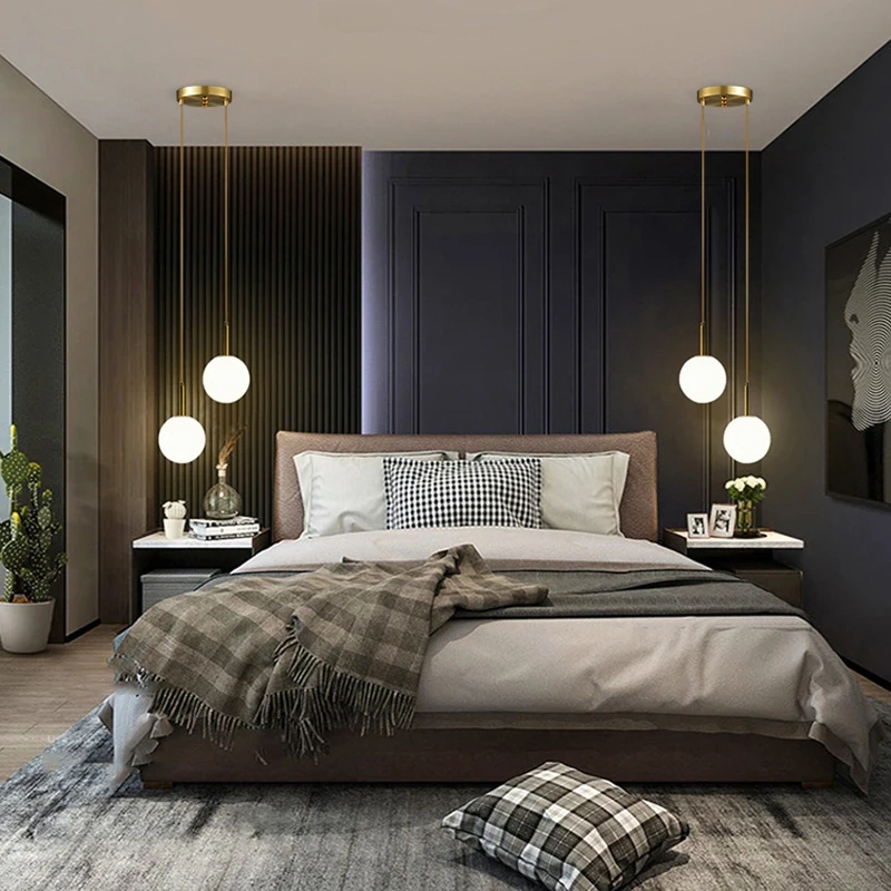 Modern LED Bedside Pendant Light White/Smoke Gray Glass Ball Ceiling Hanging Lamps Nordic Home Decoration Ceiling Pendant Lamp