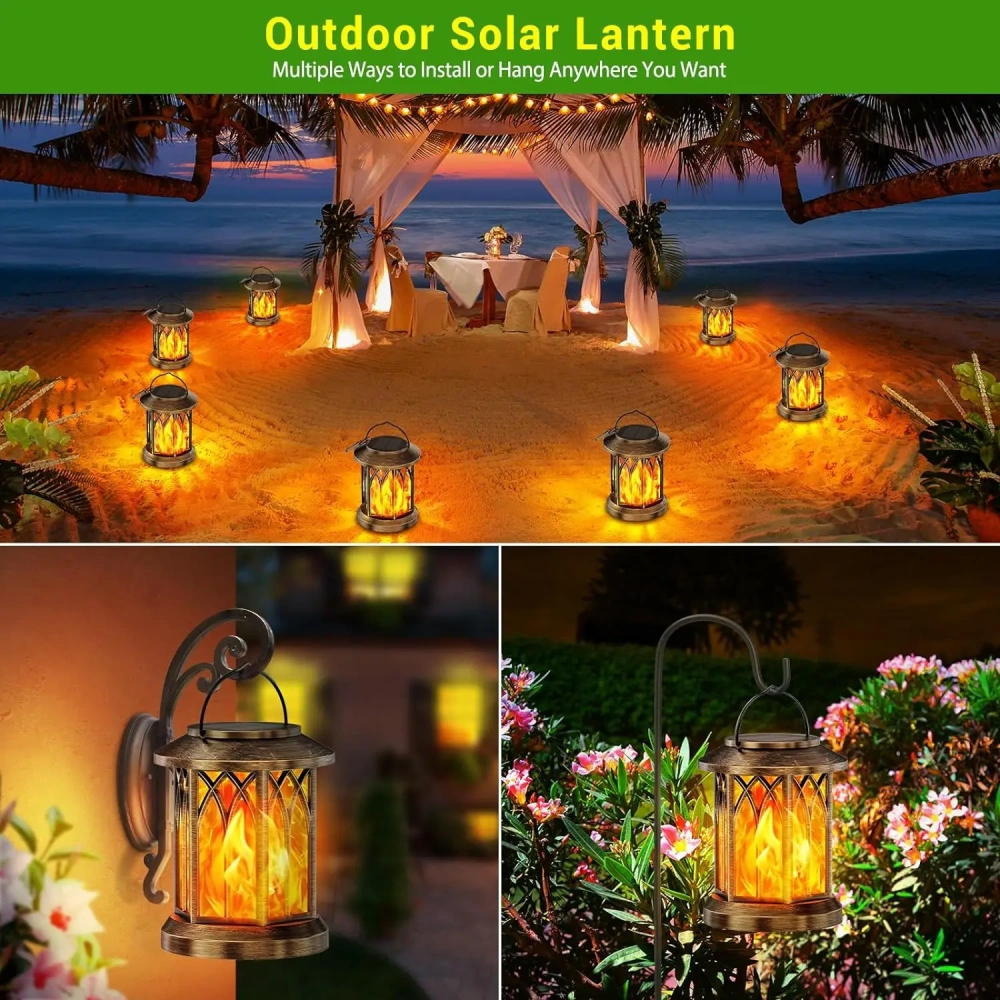 2 Pack Upgraded Flickering Flame Solar Lanterns Lights Outdoor, Solar Hanging Lights Outdoor for Garden, Bronze/Black